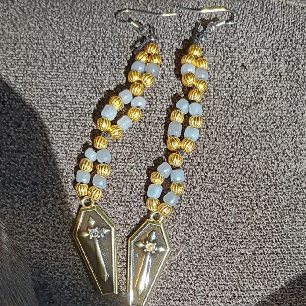 Gold and White Beaded Earrings